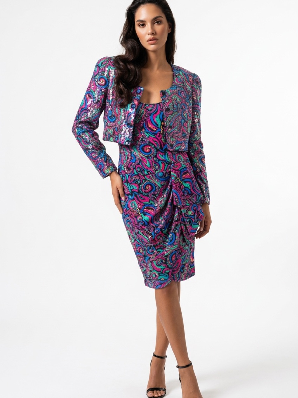 A.J. BARI | Vintage Silk Paisley Sequin Jacket & Silk Dress SET Women’s Size 12